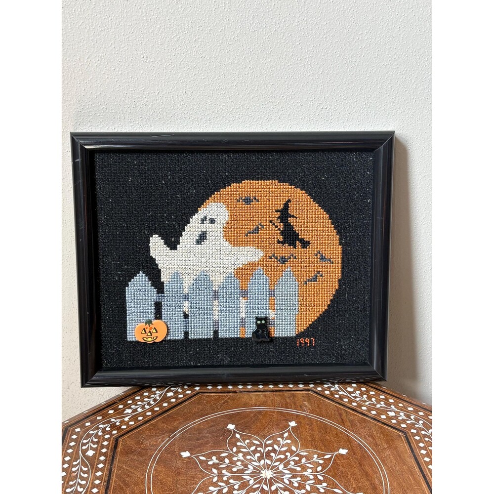 Vintage Framed Halloween Cross-Stitch Ghost Flying Witch 3D Accents Pumpkin Blac